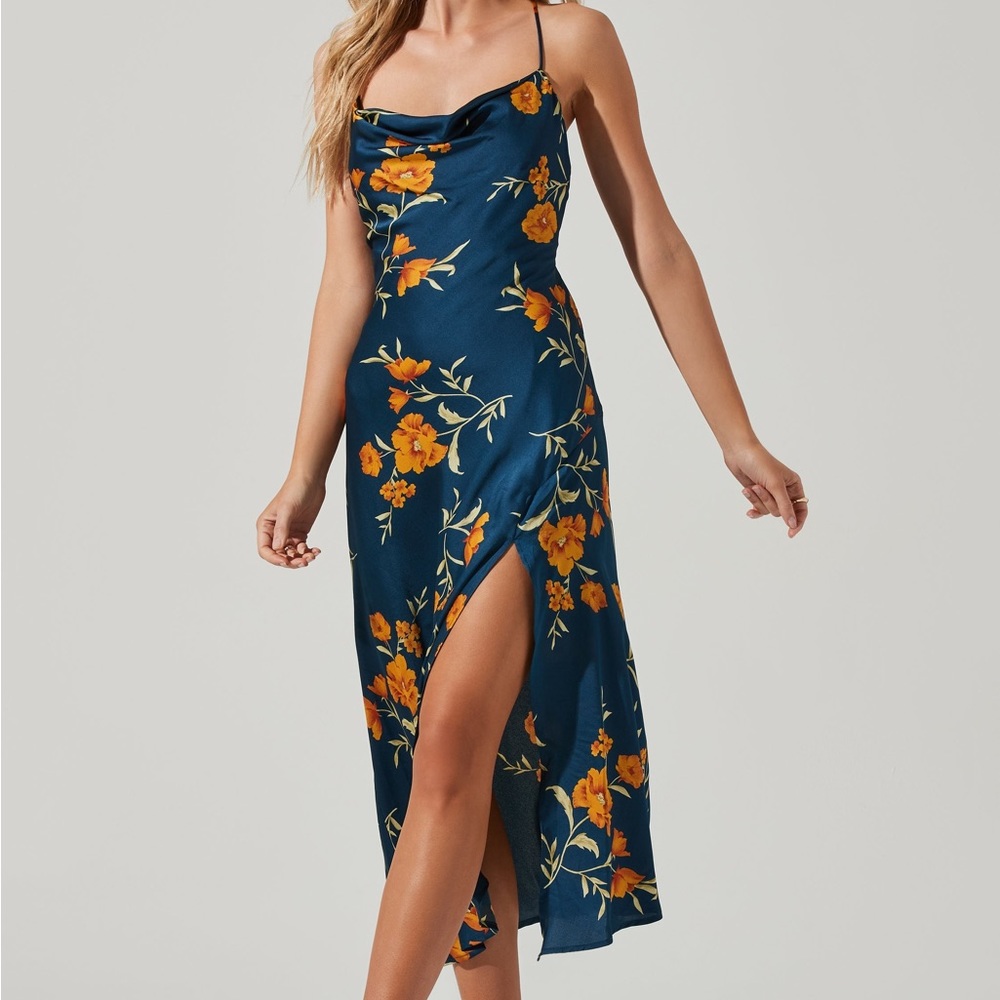 ASTR Gaia Floral Midi Dress - L - Dark Teal Gold Floral
